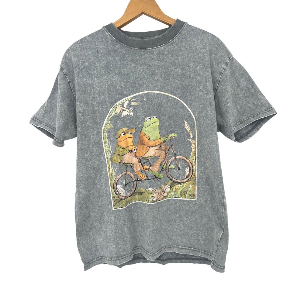 Frog & Toad T-Shirt Women Large Gray Acid Wash Bicycle Graphic Retro Teacher